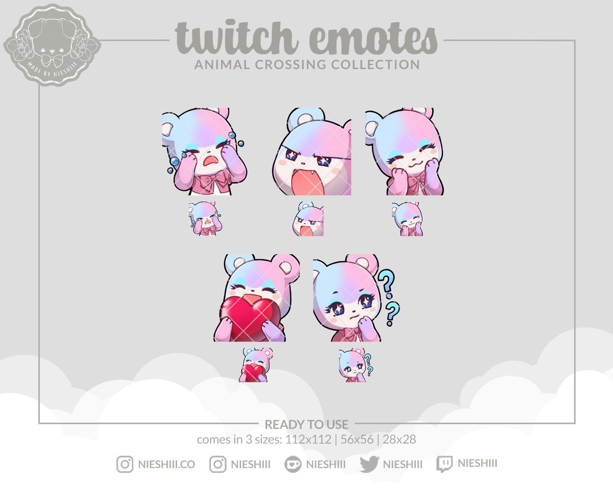 nieshiii's tweet image. RT's are deeply appreciated! Some ACNH emotes are finally up at nieshiii.etsy.com :D so far there's Maple, Marty, Stitches, Judy, Pekoe, Bluebear and Olive! What villager would you like to see as an emote?? #animalcrossingemote #twitchemoteartist #acnhemote