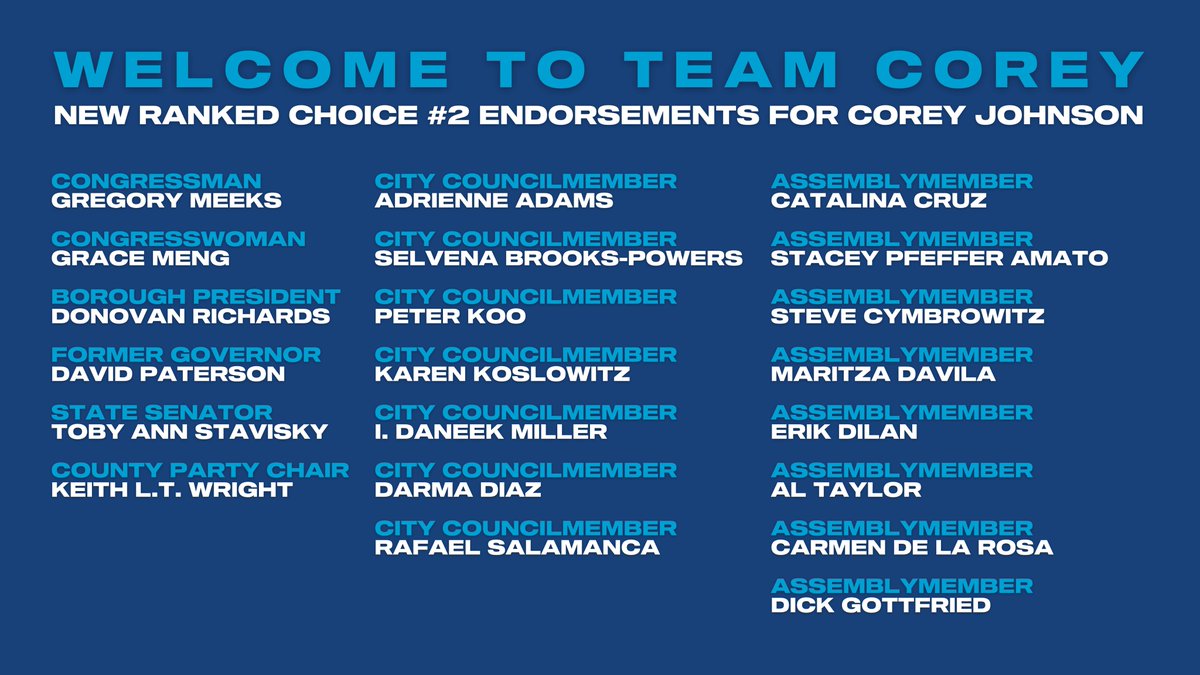 TeamCoJo's tweet photo. We're so excited to welcome a new group of endorsers to Team Corey! These NYC leaders will use ranked choice ranked choice voting to select Corey as their #2 pick for Comptroller. https://t.co/TvZE0r20ft