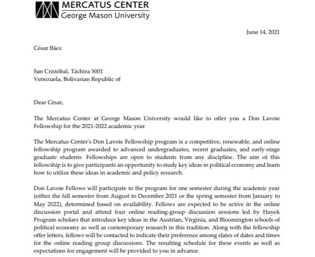 cesarbaezc's tweet photo. Me alegra mucho ver "San Cristóbal, Táchira", tan cerca del Mercatus Center y la George Mason University

Fui aceptado en la Don Lavoie Fellowship, ofertada por el Mercatus Center, un prestigioso think tank orientado al libre mercado, en la Universidad George Mason, en Virginia https://t.co/GDoKKXJgxO