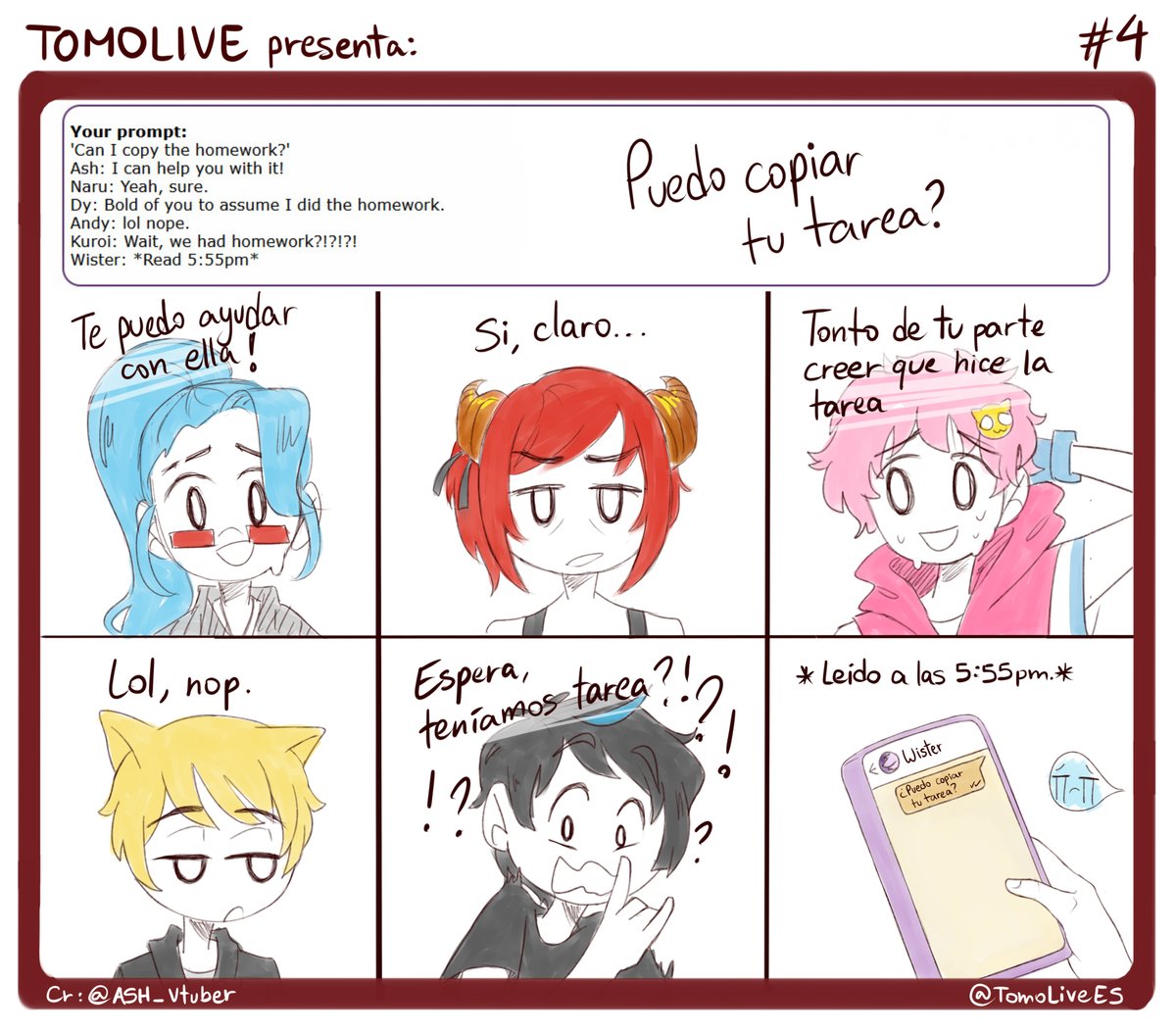 TomoLiveEs's tweet photo. #TOMOLIVE PRESENTA: TomoTarea

Escoje el Tomolive que más te representa😂
Recuerden que hay nuevo cómic cada martes!
Like❤️Retweet🔁si te gustaría ver más~

Art by: @/ASH_VTuber
#TomoLie #TomoDraws #BlueHairedART #NarukimArt #Dybujo #ArtOnu #Vtuber #VtuberES https://t.co/tCnblCvf1g