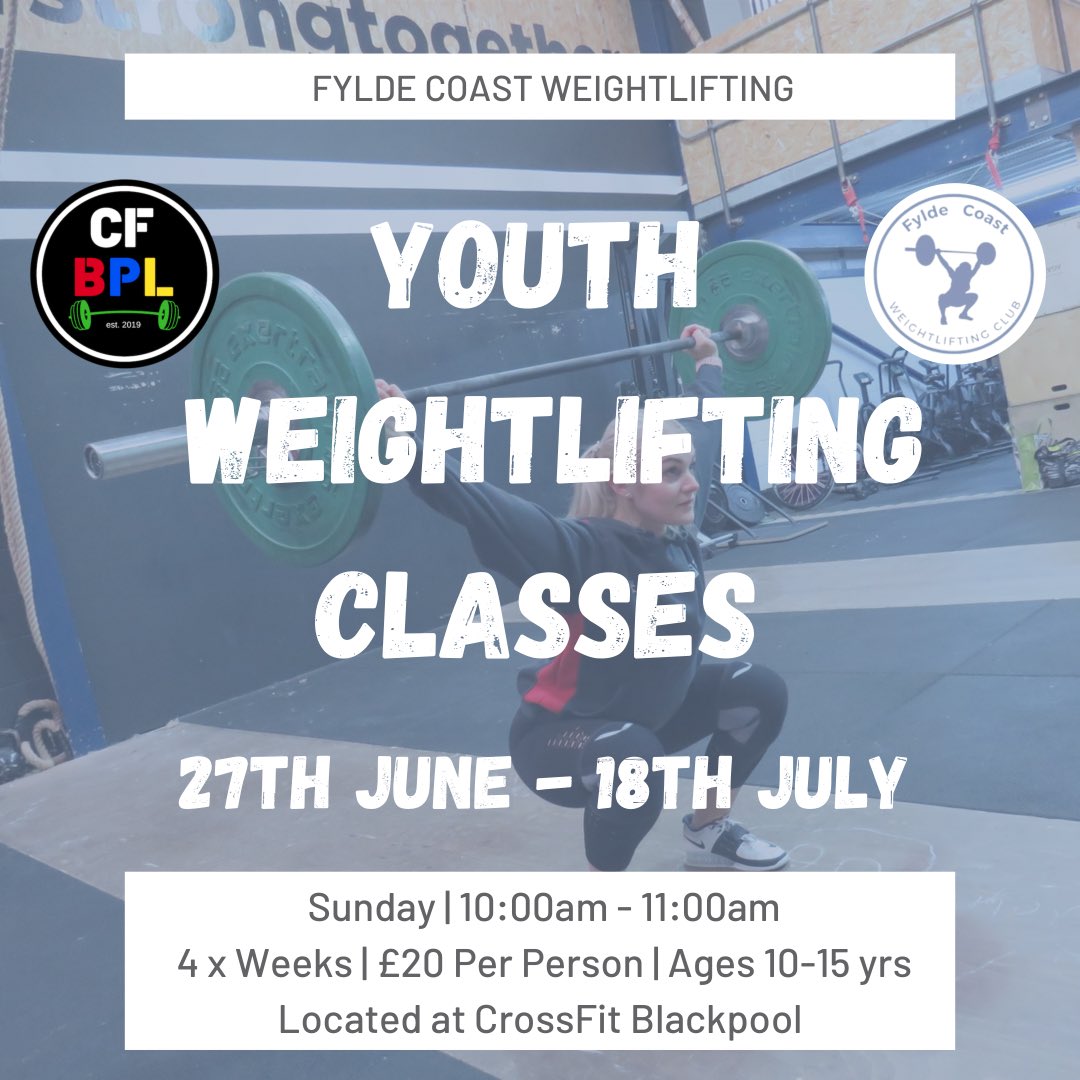 FcWeightlifting's tweet photo. We are excited to announce our Youth Weightlifting Classes will be starting at the end of June. These will be delivered as a 4 week programme ⬇️⬇️
🗓 27th June - 18th July
⏰ Sundays 10:00-11:00am
💰 £20 per person | 4 week programme 
📩 Book via info@fyldecoastweightlifting https://t.co/7je9qwGg73