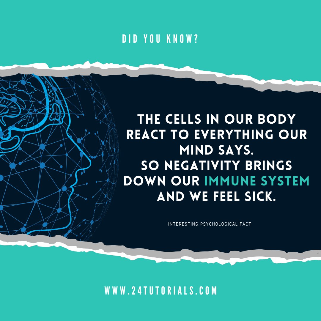 24Tutorials's tweet image. Did you know ?
The cells in our body react to everything our mind says.So negativity brings down our immune system and we feel sick.
#24Tutorials - #OnlineTutorials Learn Technology, Anytime, Anywhere
#fridaymood #interestingfact #psychologicalfacts