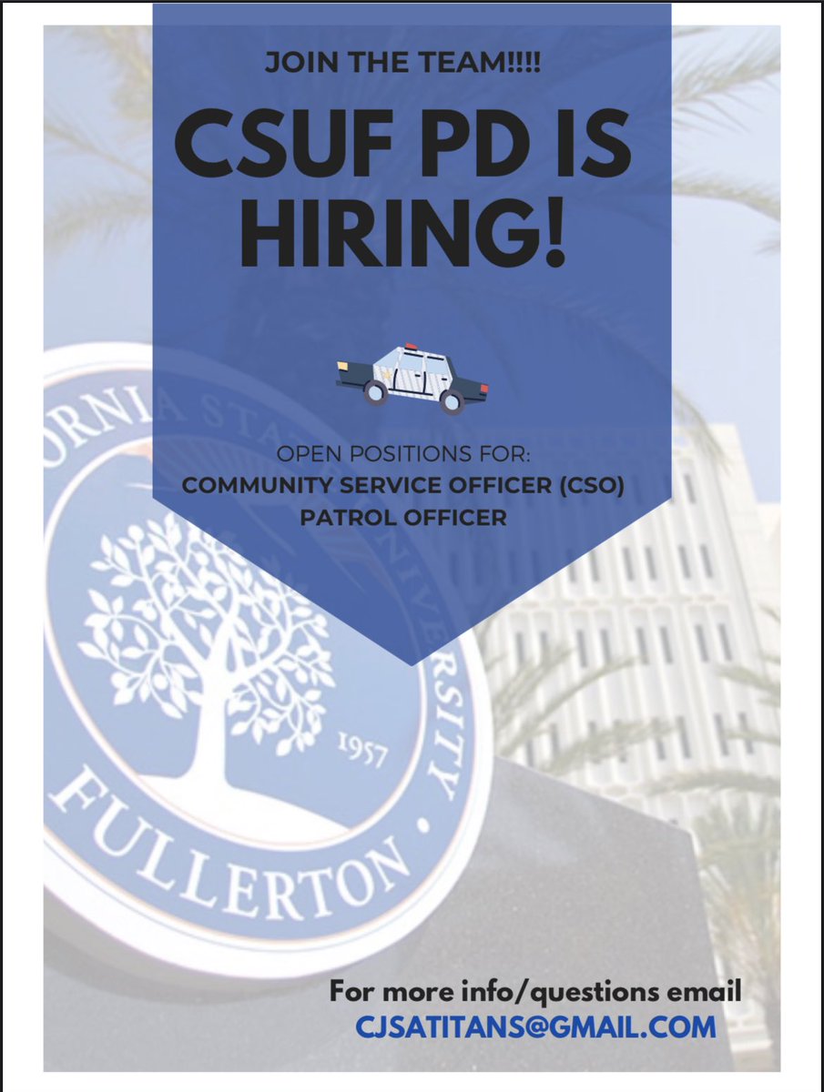 Hey titans! We hope you are having a relaxing summer! 😎 As the Fall semester approaches slowly we are happy to announce the <a href="/csufpd/">CSUF Police Department</a> is hiring!!! 🚓 Do not miss the opportunity to join the #csufpd family as many of us will be returning to in-person classes. Feel free to msg us!