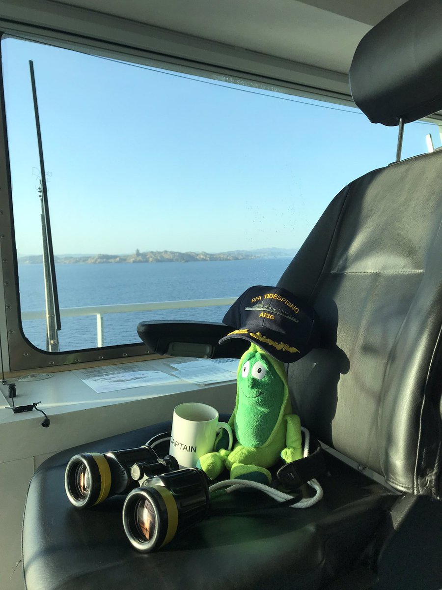 RFATidespring's tweet photo. @RFATidespring transited the Bonifacio strait this morning with @HMSQNLZ and @RFAFortVictoria as well as ITS ANDREA DORIA and USS THE SULLIVANS #Patrickthepea was keeping watch in the Captains Chair. https://t.co/jYymlgrKdO