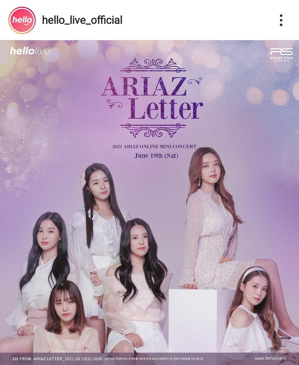 StarEmpire_Eng's tweet photo. [ONLINE CONCERT]  

📢 @hellolive_tv also announced ARIAZ's 1st online concert (2021, June 19). Ticket sales will begin on 8 June.

#ARIAZ #아리아즈 #LODI #로디 #스타제국 #StarEmpire #RisingStar @official_ARIAZ https://t.co/SEJ6NQUrDt