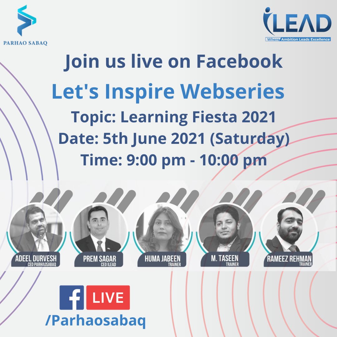 Parhaosabaqpk's tweet photo. Join us live on Facebook

When: 5th June 2021 (Saturday)
Time: 9:00 pm - 10:00 pm
Topic: Learning Fiesta 2021

Link: https://t.co/L2CVYTVYYn https://t.co/HhlStcxMUf
