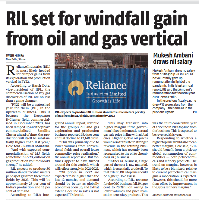 MAPATWARDHAN's tweet photo. RIL set for windfall gain from oil and gas vertical
#Reliance #Industries #Oil #Exploration #MJFields #Gas #upstream #commercialize #produce #gain #profits #demand #growth #consumption #markets @TweshMishra https://t.co/4BMBnpHW3C