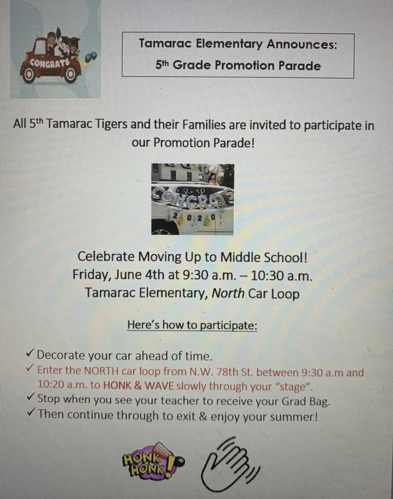Reminder to 5th grade parents: The 5th grade promotion parade is tomorrow morning, Friday, June 4th! Come through the north car loop between 9:30 and 10:20 AM to receive cheers and goodie bags from the staff. ❤️