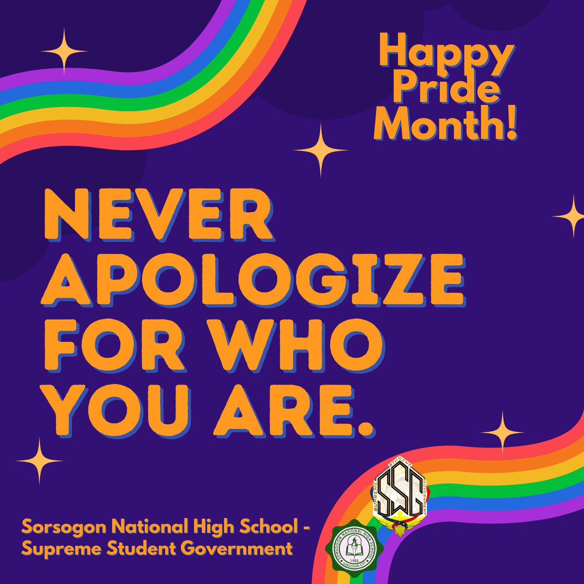 snhs_ssg's tweet photo. ❤🧡💛💚💙💜
In the celebration of diversity, acceptance, and unashamed self-pride, the Sorsogon National High School - Supreme Student Government stands with the community as we all come together for the month-long celebration of Pride Month. 
#HappyPrideMonth https://t.co/v1e6dju5lB