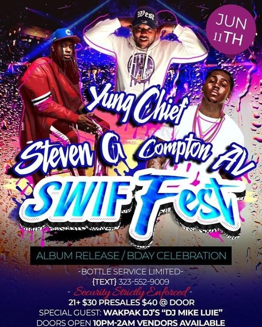 DayDayTvUncut1's tweet photo. Alright🎈 Let Me Turn Y’all Up One Time 💙 for tickets 🎫 @YungChief
@SwifLifeclothing 💥.. SWIFFEST 
DATE: JUNE 11TH 
CITY:BARSTOW CA , @ Club “THE SPOT” 
Time: 9PM-2AM

YUNG CHIEF BDAY CELEBRATION https://t.co/ASmWGbMj6n