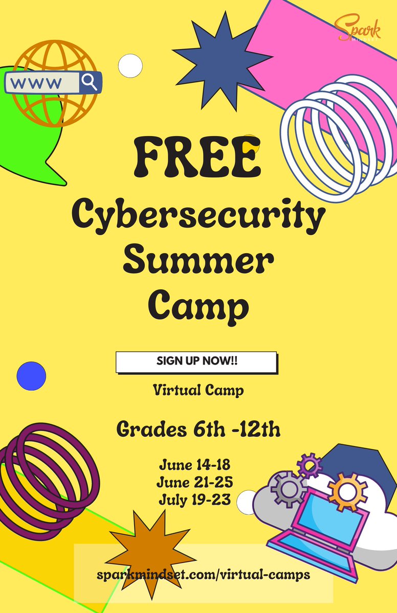 FREE Cybersecurity Summer Camp for 6th-12th grade students from @SparkMindset! Space is limited so sign-up today: sparkmindset.com/virtual-camps
#cybersecurity #summercamp #virtuallearning #onlinelearning #distancelearning #education #parenting
