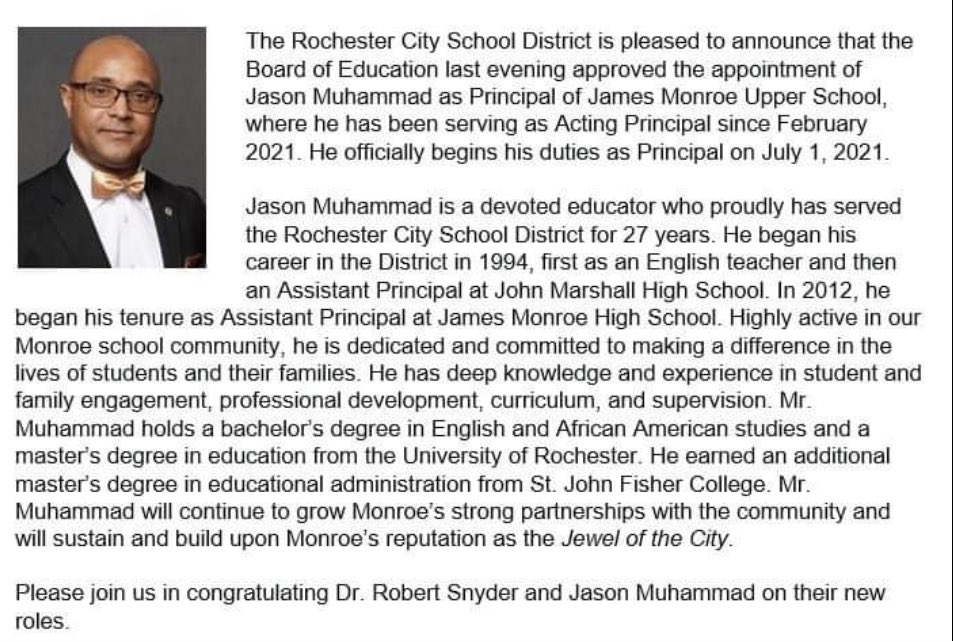 Please join us in congratulating our new Principal Mr. Muhammad #TheJewelOfTheCity <a href="/RCSDNYS/">Rochester City School District</a> @Chief1RCSD <a href="/LCMLessons/">Dr. Lesli Myers-Small</a>