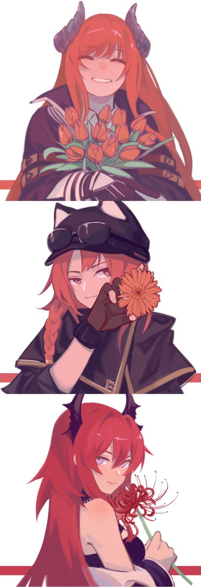 exusiai (arknights) multiple girls red hair horns long hair pointy ears flower 2girls  illustration images