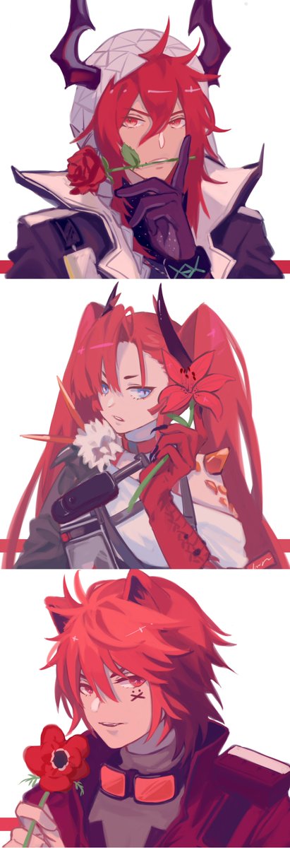 exusiai (arknights) multiple girls red hair horns long hair pointy ears flower 2girls  illustration images