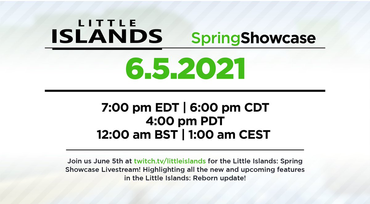 Tune in 6/5 at 7:00 pm EDT at twitch.tv/littleislands for a first look at all the new and upcoming features in the Little Islands: REBORN update during the 2021 Spring Showcase! DON'T MISS IT! 🔥🌷 #LittleIslands #Roblox #RobloxDevs