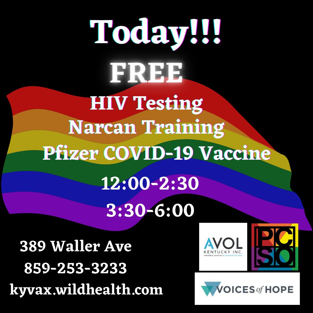 Today! Drop by our neighbors @PCSOKY  to get FREE HIV Testing, Narcan Training, and/or the Pfizer COVID-19 Vaccine! Visit kyvax.wildhealth.com We can't wait to see you and we know our friends can't either! 
#endhiv #AVOLforKY #getvaccinated #knowyourstatus #sharethelex