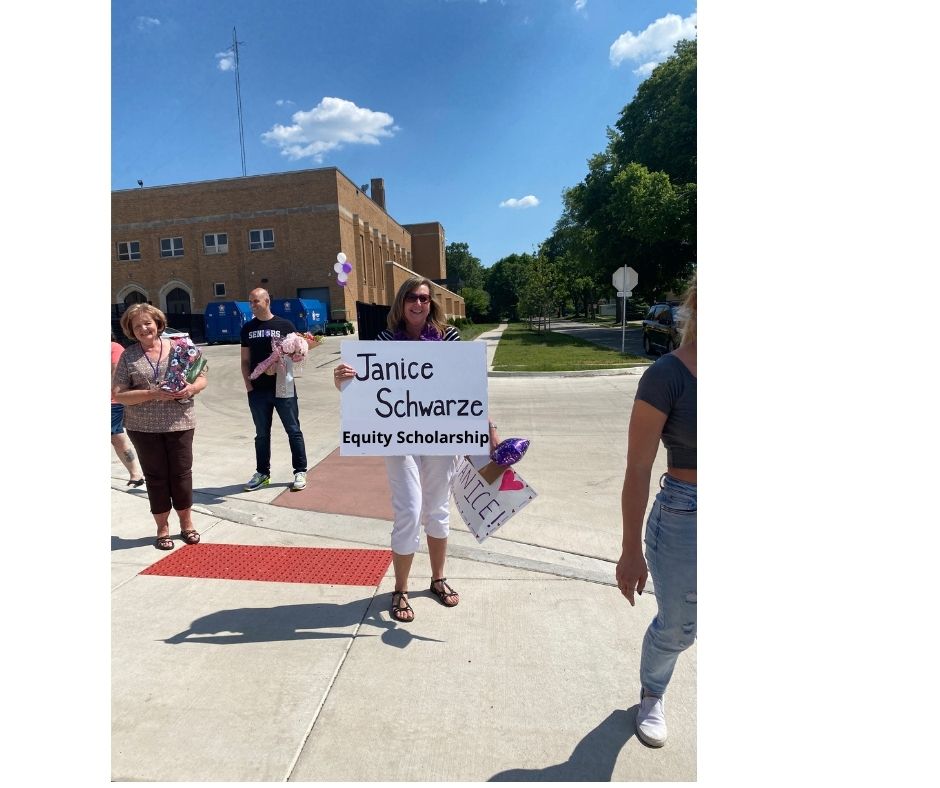 At today's retirement parade for Janice, we revealed to her that we will be starting the Janice Schwarze Equity Scholarship for seniors next year. #WeAreDGN #99Learns