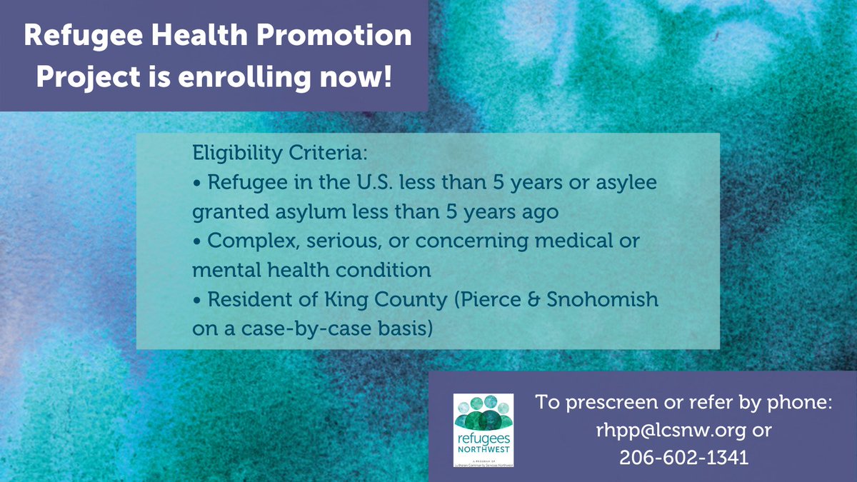 We’re accepting client referrals for our Refugee Health Promotion Project!  #RefugeesWelcome #healthcare #kingcounty #healthjusticehope