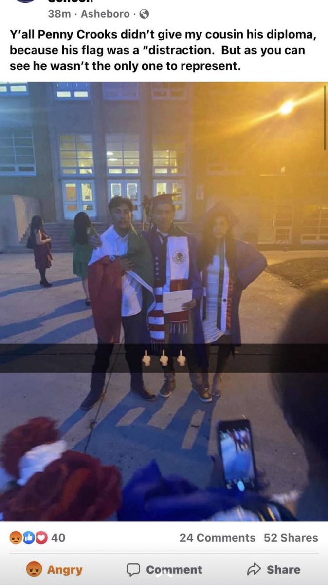 kpoprm7's tweet photo. asheboro high school! What the heck!  You didn’t give him his diploma because the Mexican flag was a “distraction” bs. 
 @FoxNews @UnivisionNews @PrimerImpacto #KPOP #Mexico #givehimhisdiploma https://t.co/j689XBQx0q