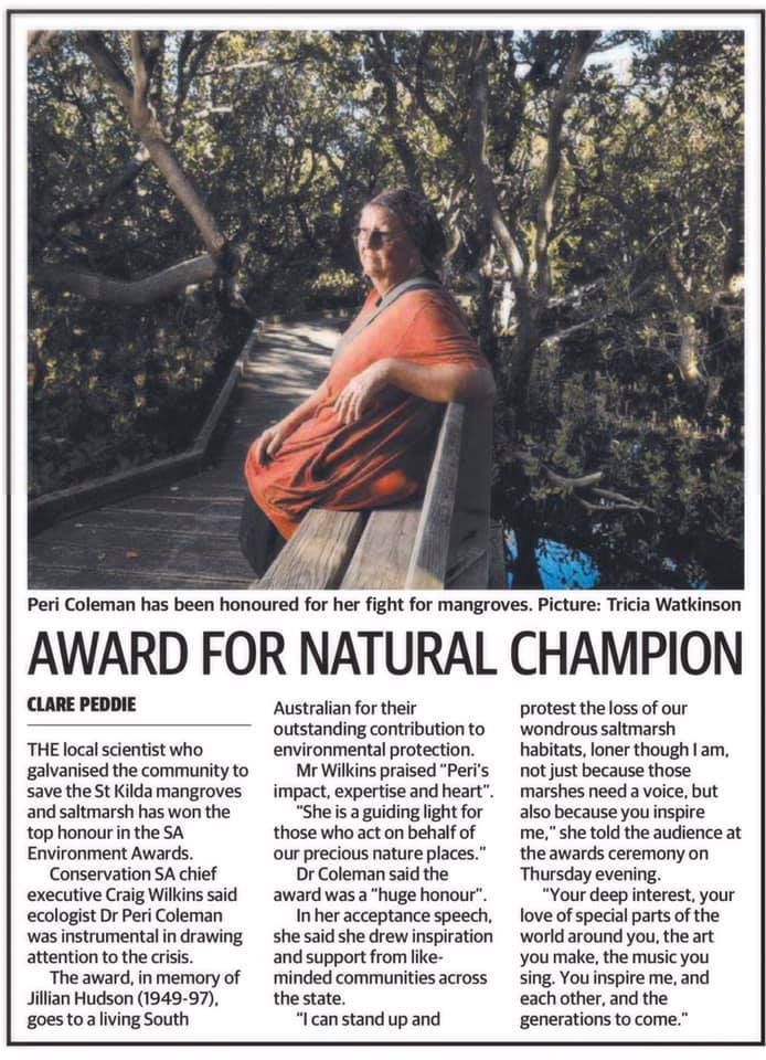 MangrovesSt's tweet photo. @peri_coleman is the recipient of the Jill Hudson Award for Environmental Protection.  Her work is why we know what is happening and her commentary is the most informed on any other in the country on this issue. Many other great nominees. @ConservationSA #2021SAEnvironmentAwards https://t.co/tjyId6OdlI