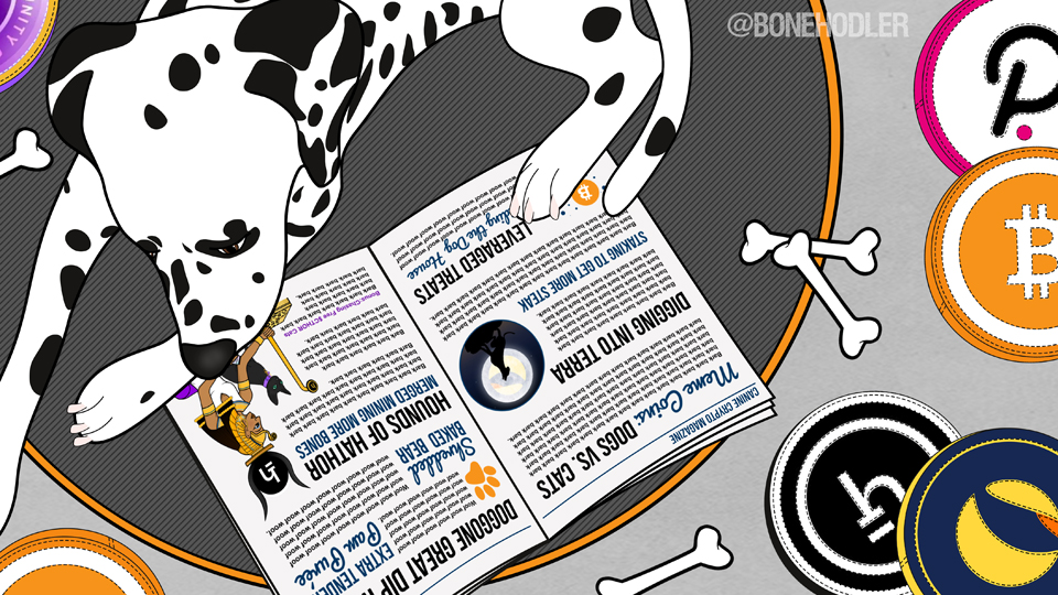 BoneHodler's tweet photo. Taking a break from the charts to catch up on the latest hot #CryptoNews about $LUNA $HTR and more. 🐾 
#CryptoCartoon #CryptoDog https://t.co/BFr3kxh9sk
