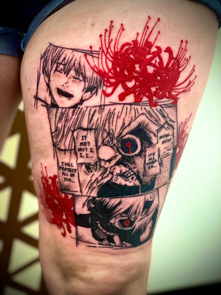 theGamer_Witch's tweet photo. Showing off my beautiful new shirt done by the very talented Celfcat (link below)! Also showing off my new #TokyoGhoul ink. 😍 I could not be happier! #inkedup #animetattoos #manga #Joker #Persona5 https://t.co/Kb3eBjd6NQ