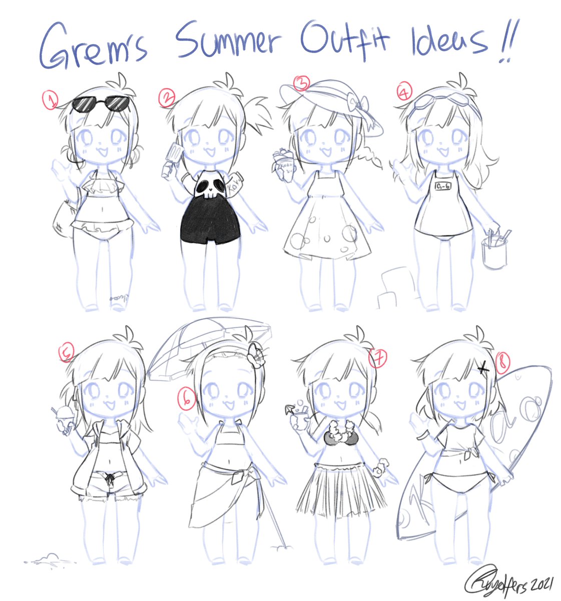 drew so many summer outfit ideas on stream! >w< which one is your favorite?~ owo 