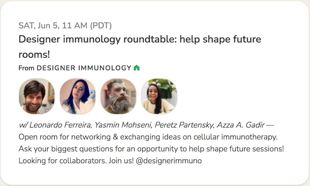 THIS SATURDAY, join <a href="/peretzp/">Peretz Partensky</a>, Yasmin Mohseni, @AzzaGadir, and I for a DESIGNER IMMUNOLOGY roundtable. We’ll chat about the latest topics in #immunology and future rooms. Feedback wanted! PS: Looking for collaborators!
#designerimmunology #immunologymatters
clubhouse.com/join/designer-…