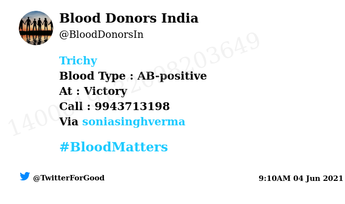 BloodDonorsIn's tweet photo. #Trichy
Need #Blood Type :  AB-positive
At : Victory
Number of Units : 4
Primary Number : 9943713198
Via: @soniasinghverma
#BloodMatters
Powered by Twitter https://t.co/IxgjwfFik0