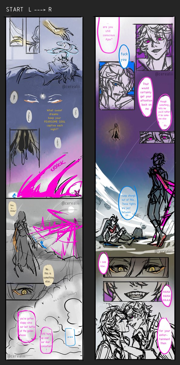 🔶💧⚡️
This is how the whole thing looks and how I actually drew it... I don't do comics, so please don't @ me for my shitty type setting T o T 
Might render the final panel separately... so much to do💦
#zhongchi #childe #tartaglia #ajax #genshinimpactfanart 