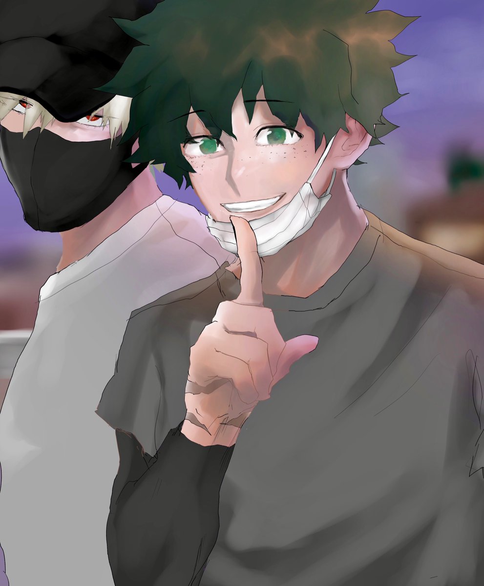 bakugou katsuki ,midoriya izuku multiple boys 2boys male focus mouth mask mask freckles green hair  illustration images