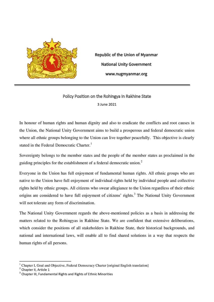 KenRoth's tweet photo. The Myanmar opposition's National Unity Government policy paper:
1. Mentions the "Rohingya by name" (unlike Aung San Suu Kyi).
2. Vows to stop making Rohingya register as foreigners but instead to recognize citizenship based on place of birth or parentage. https://t.co/VehBY8H2Ft https://t.co/pfpCjhfqot