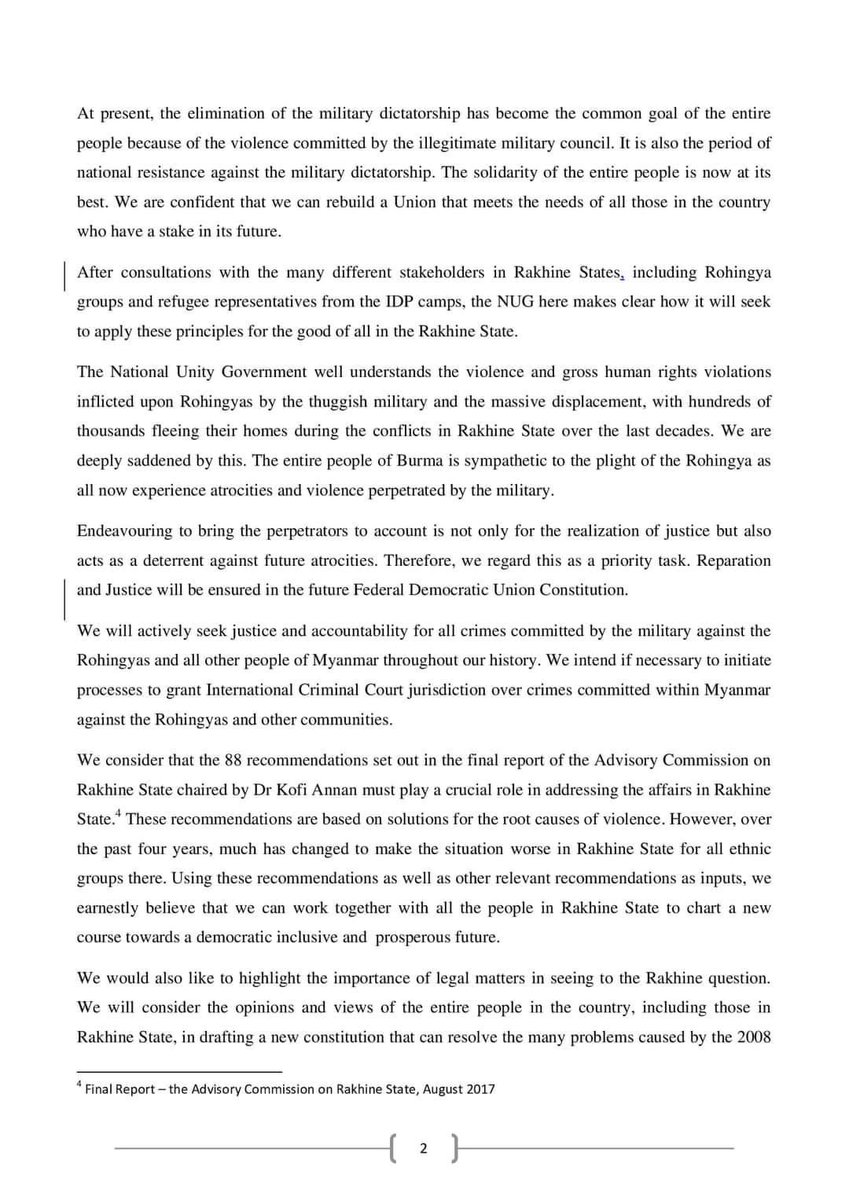 KenRoth's tweet photo. The Myanmar opposition's National Unity Government policy paper:
1. Mentions the "Rohingya by name" (unlike Aung San Suu Kyi).
2. Vows to stop making Rohingya register as foreigners but instead to recognize citizenship based on place of birth or parentage. https://t.co/VehBY8H2Ft https://t.co/pfpCjhfqot