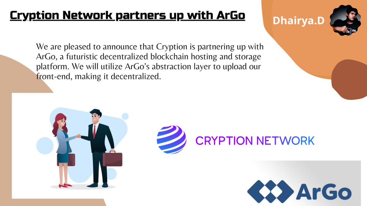 Dhairya09ll's tweet photo. 🗣 @CryptionNetwork Introduced
Partnership with @argoapplive🎯 

🤝This #partnership will help make there frontend #decentralized by uploading it on the Argo abstraction #layer.🤝

Read more👇
https://t.co/LPTKyUEwx4
 #Cryptions #Crypto https://t.co/ecJZzbuRJH