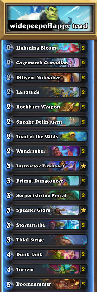 bearnugget_HS's tweet photo. Hit rank 5 on stream with shaman, deck seems pretty turbo. Guaranteeing cagematch draw off dungeoneer is good, and I run extra 2-drops to fill out curve since a lot of the time you'll be playing cagematch on turn 4 and have 2 mana left over. https://t.co/vahHckFKYD