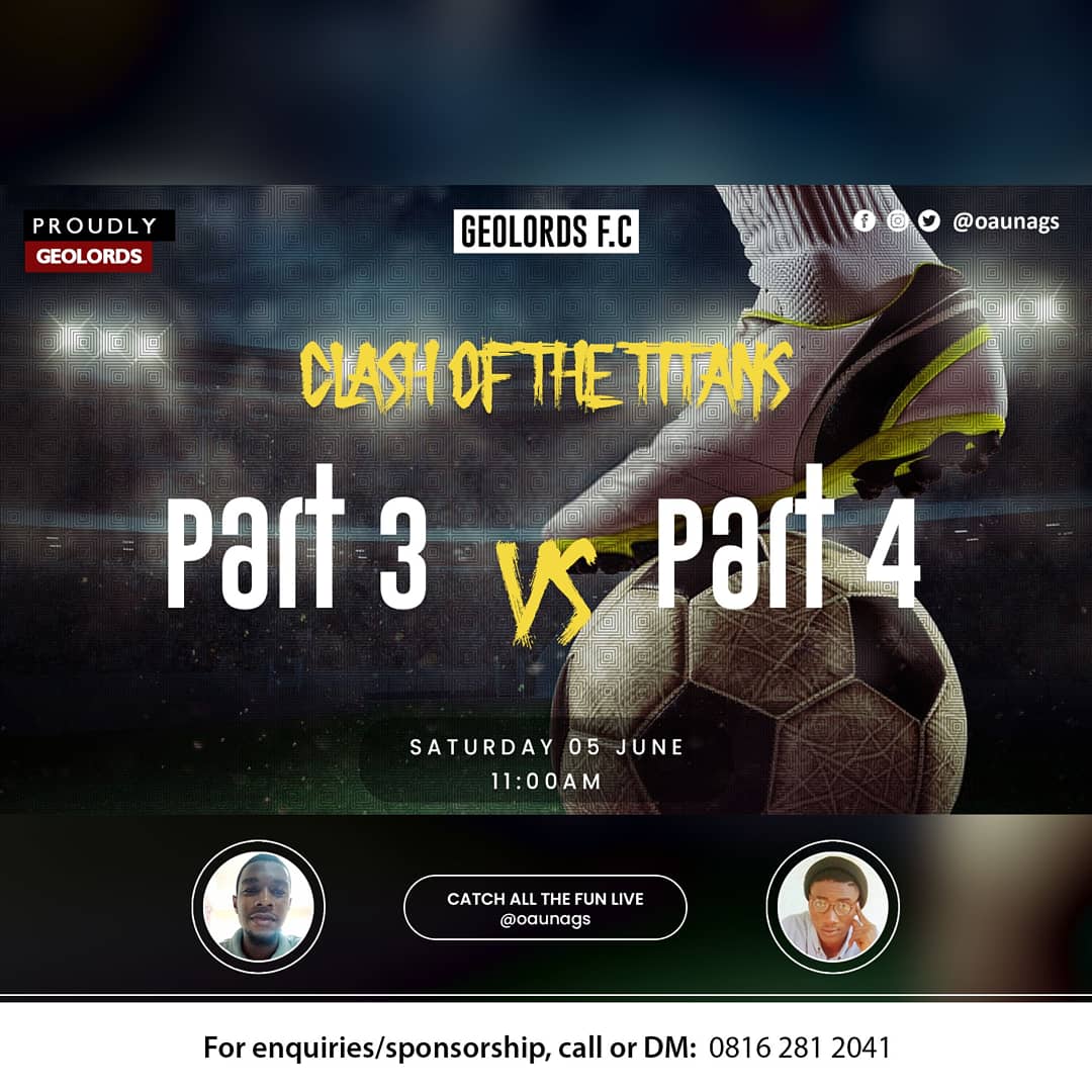 oaunags's tweet photo. Clash of the Titans this Weekend!!!
• Ladies vs Guys
• Part 3 vs Part 4
#moviesandgamesnight #hangout #afterexamschills #geolords #outstandinggeolords #proudlygeolords #geography #oau #oauife #oauevents #fun #oaunags #teamexponential https://t.co/S6S6MyRCEU