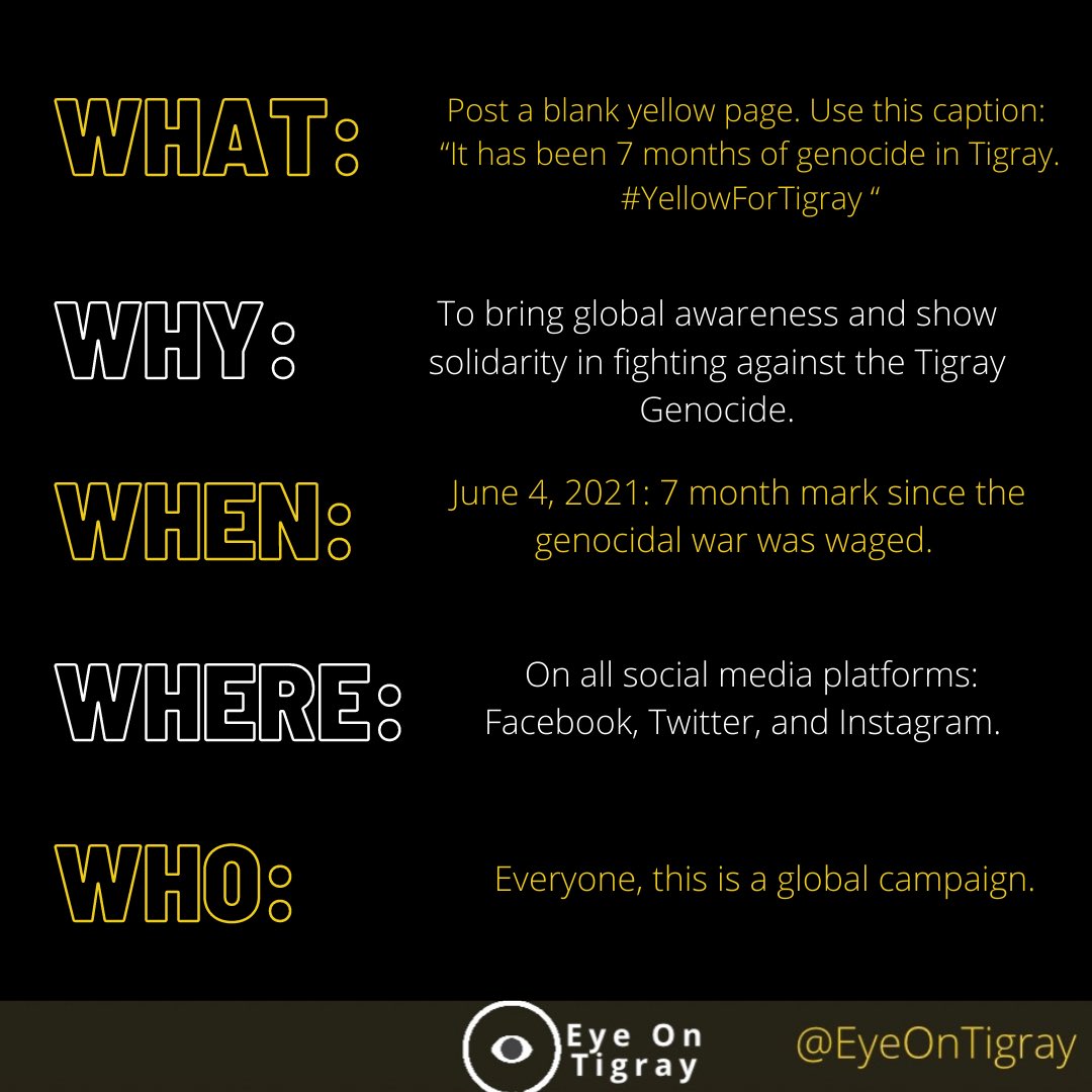 Eye_On_Tigray's tweet photo. The #YellowForTigray campaign has started. Join us to raise awareness for the #TigrayGenocide, it’s already been 7 months...#TigrayCantWait https://t.co/HGRgnAsHdk
