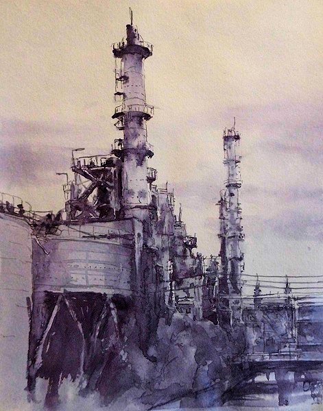 onethreesix136's tweet image. 素描　タテ構図
少し小雨になってきました
足元が滑りやすくなっています
気を付けてくださいね。

#工場 ＃プラント ＃工業地帯 
#水彩 ＃透明水彩