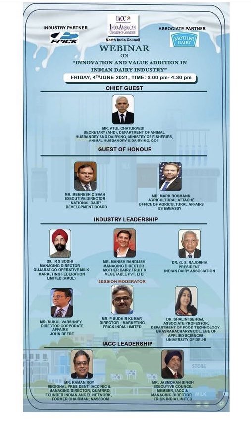 #USDAIndia is currently attending <a href="/iaccindia/">Indo-American Chamber of Commerce</a> organized webinar on "Innovation &amp; Value Addition in #IndianDairy Industry"

#DYK Data from <a href="/usda_nass/">National Agricultural Statistics Service</a> published this spring notes that average annual U.S. dairy production per cow in 2020 averaged 10,800 kg of #milk.