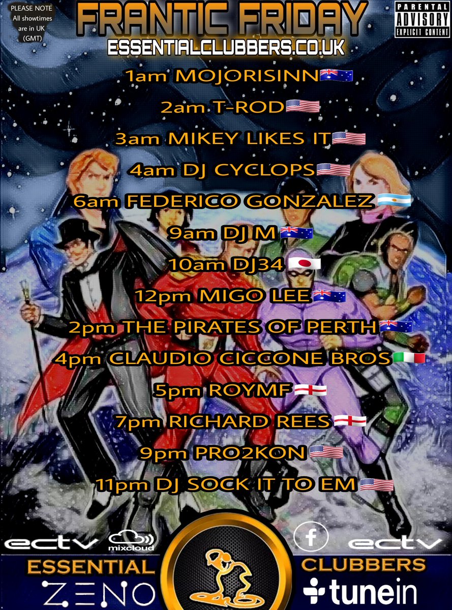 ESSENTIALCLUBB3's tweet photo. FRANTIC FRIDAY!!!

PLEASE NOTE: All showtimes are shown in UK time (GMT) 

#ecradio #Essentialclubbers #NowPlaying #chat #listenlive #tuneinapp #Radio #jointhemovement #Facebook #mixcloud #Instagram #worldwide https://t.co/My6SAAVluv