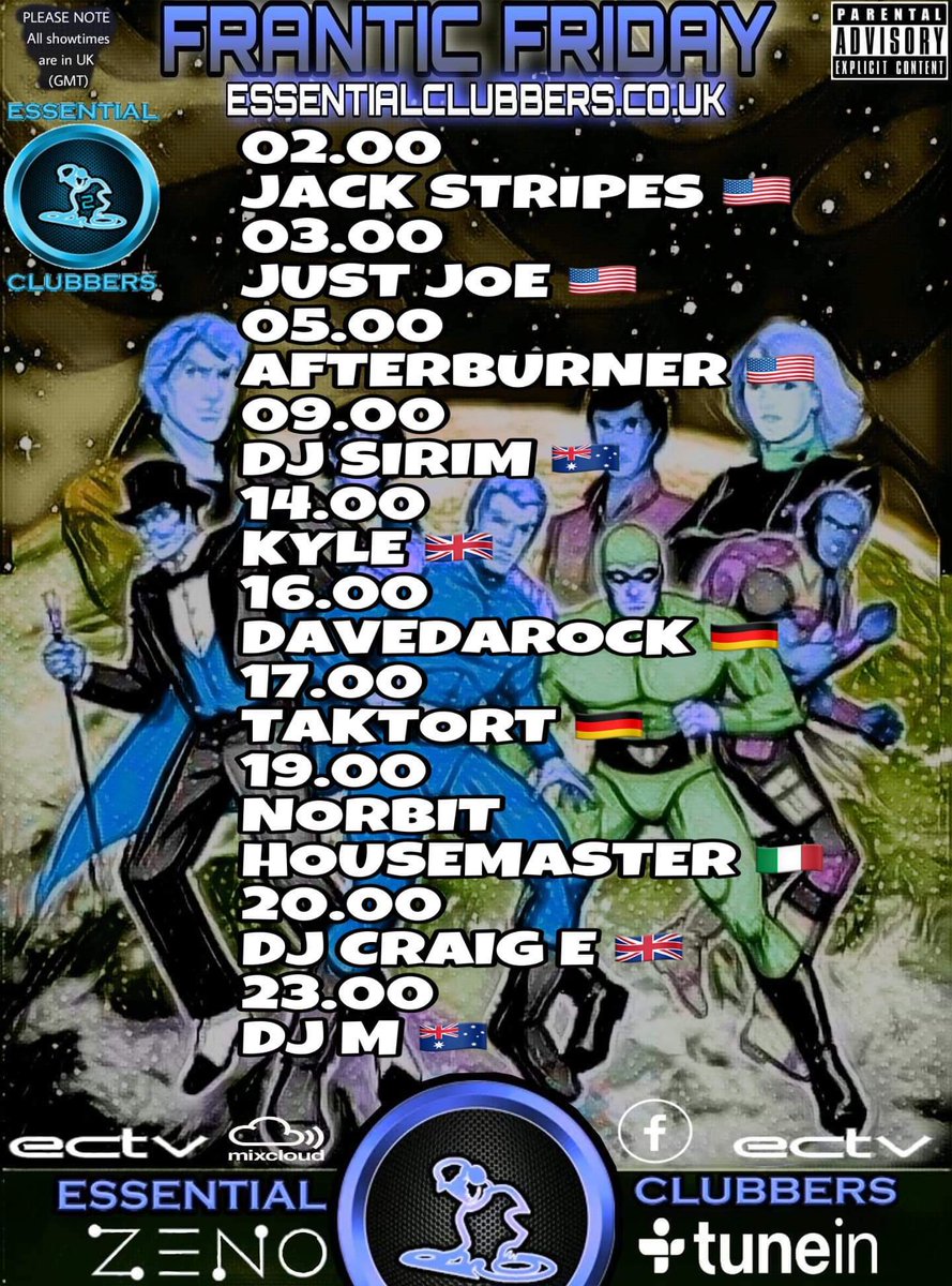 ESSENTIALCLUBB3's tweet photo. FRANTIC FRIDAY!!!

PLEASE NOTE: All showtimes are shown in UK time (GMT) 

#ecradio #Essentialclubbers #NowPlaying #chat #listenlive #tuneinapp #Radio #jointhemovement #Facebook #mixcloud #Instagram #worldwide https://t.co/My6SAAVluv