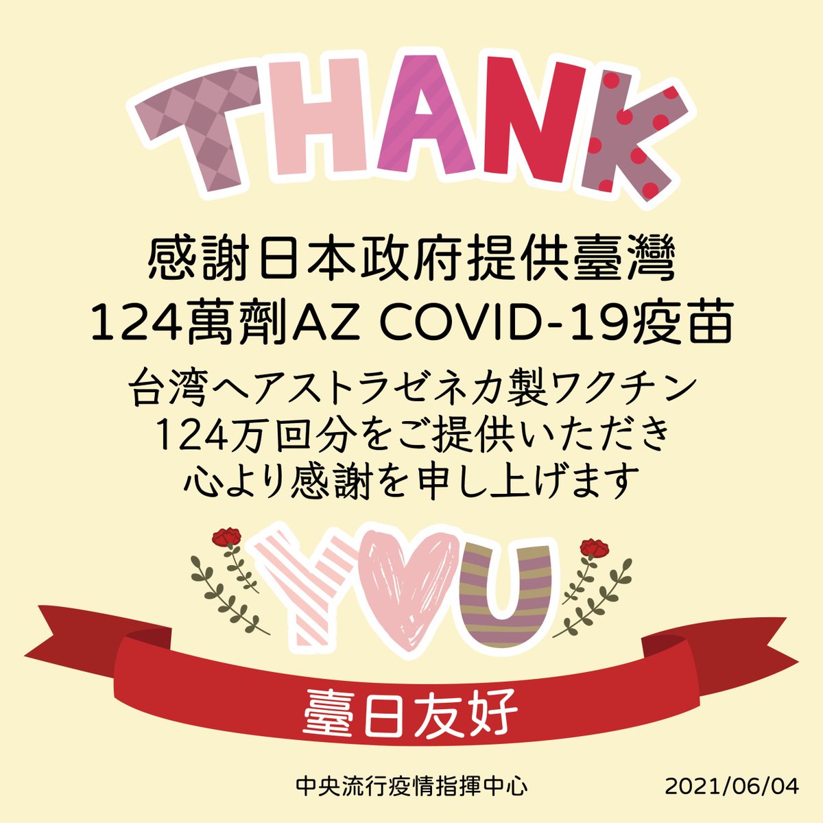 蔡英文 Tsai Ing Wen 言葉では言い尽くせないほど感謝しています これからはワクチンの生産と接種を着実に進めていき すべての台湾国民 そして世界の人々がパンデミックの恐怖から解放されるまで 我々は努力しなければなりません 頑張りましょう