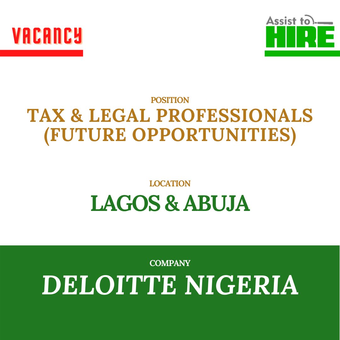 AssisttohireNow's tweet photo. Tax &amp; Legal Professionals (Future Opportunities) at Deloitte Nigeria

For more information about this job, go to https://t.co/AEoqouGmlF

Click the link below to join our telegram group:
https://t.co/olZY961rST

#assisttohire #assisttohirelearning #HR #vacancy https://t.co/snigB38dKO