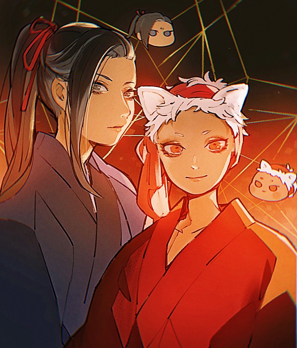 multiple boys animal ears 2boys looking at viewer male focus white hair black hair  illustration images