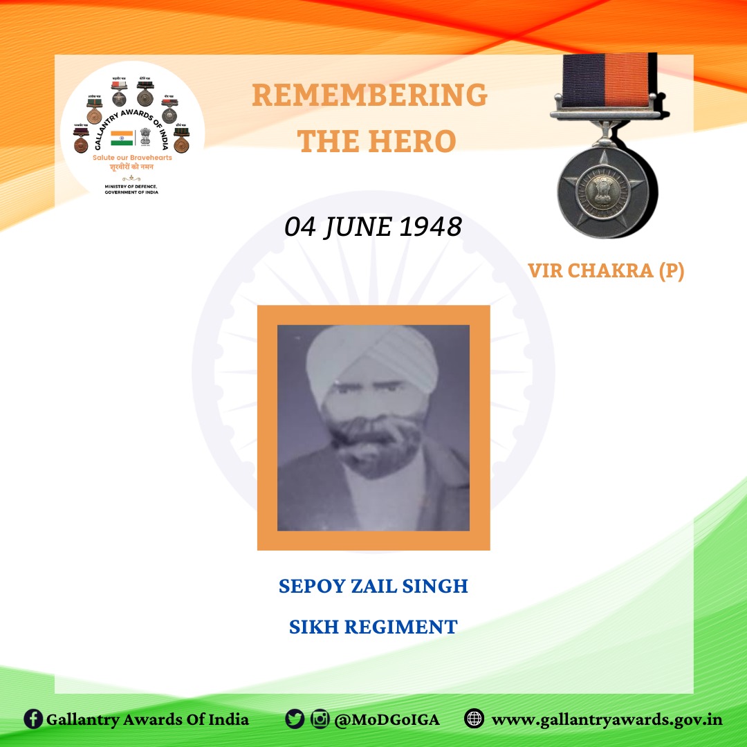 GallantryAward's tweet photo. 4 June 1948
Sepoy #Zail Singh #1Sikh displayed raw courage, leadership & devotion to duty.
Awarded #VirChakra (posthumously)
Pay tributes here : https://t.co/HTB3JdnR6M
#SaluteOurBravehearts #VeeroKoNaman #BraveHeroesofIndia https://t.co/syhlAmWiav