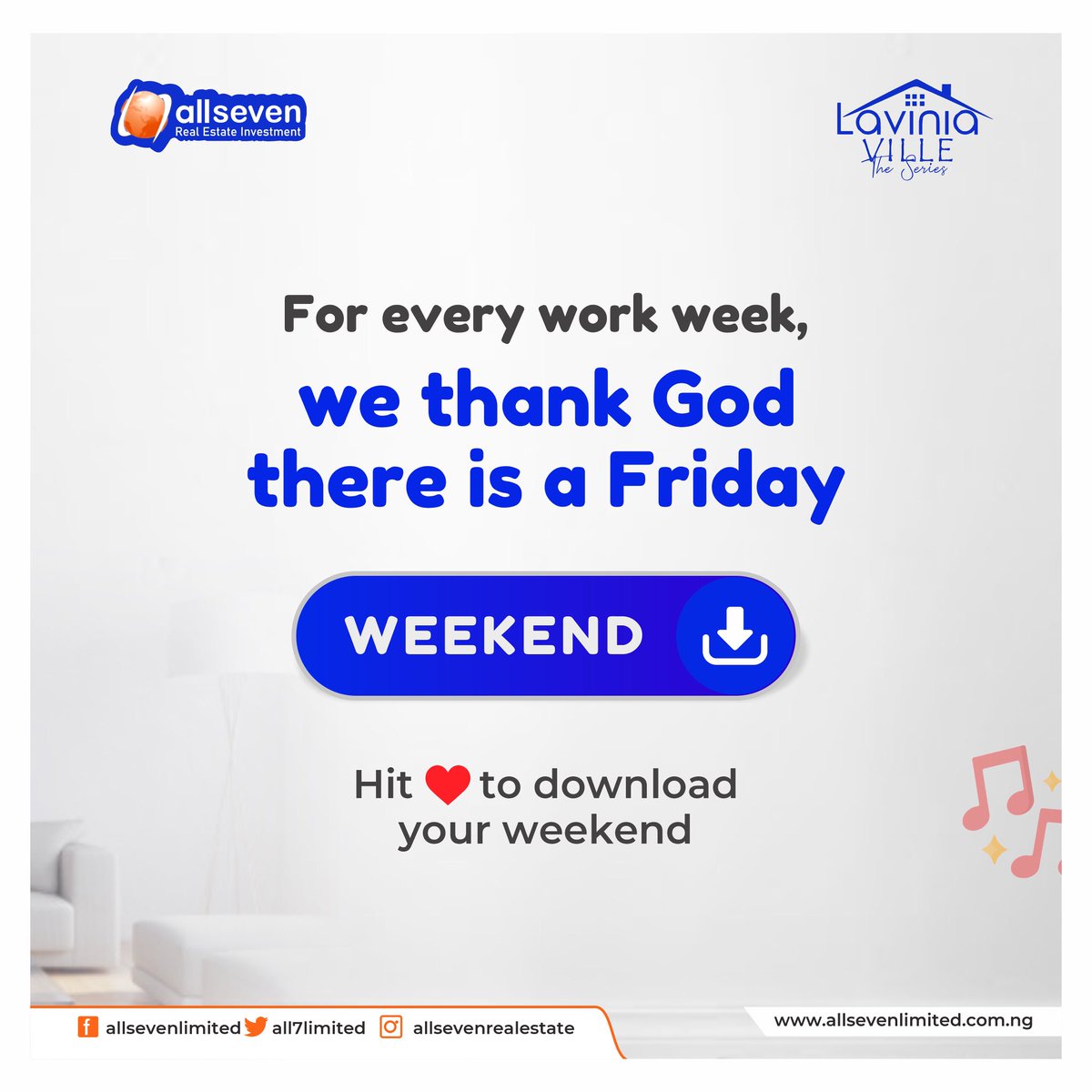 All7limited's tweet photo. Imagine it was all work and no weekend 😔.
.
Stop imagining and thank God it’s Friday 😁.
.
Happy weekend.
.
#tgif
#happyweekend
#weekendsiteinspection 
#thevoicenigeriaseason3
#realestate
#allsevenrealestate
#allsevenrealestateinvestmentlimited https://t.co/eCBQ6CH5sf