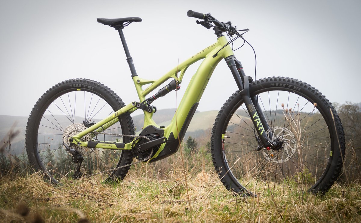 Electric mountain bike standing in a field of long grasses under a grey sky