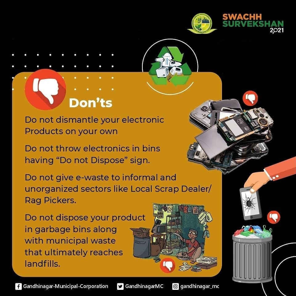 E-waste if not disposed responsibily can cause harm to the environment and us as well. Want to know Gandhinagar is tackling its E-waste? Stay tuned! 

#ewaste #swachhsurvekshan2021 #swachhbharatmission #swachhgandhinagar #ewastemanagement