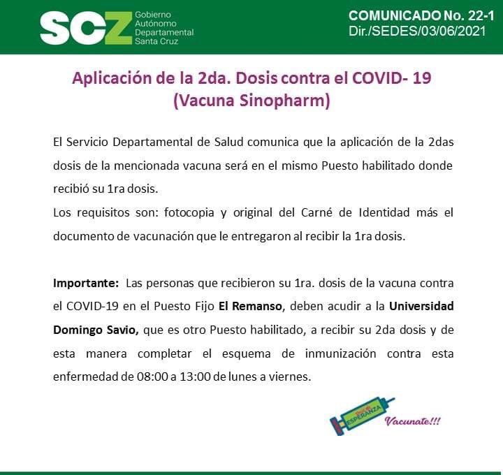 SEDES_SantaCruz's tweet photo. 📌 Iniciamos a aplicación de la 2da. dosis de vacuna contra el COVID-19. https://t.co/kXI7Baf523