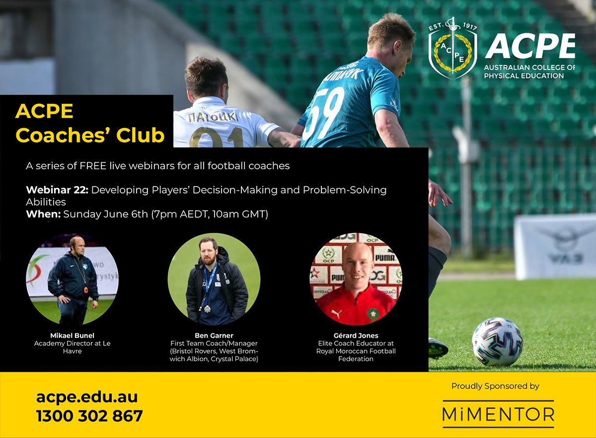 MiMentor Coaching ⚽️ (@mimentorcoach) on Twitter photo There's still time to register for the next <a href="/TheACPE/">ACPE</a> Coaches' Club Webinar on Decision-Making and Problem-Solving, featuring experts <a href="/SoccerIQ/">Gareth Long</a> <a href="/Gerard_Jones/">Gérard Jones, MSc PGCE</a>, Mickael Bunel and Ben Garner.
Don't miss out - sign up here 👉 zoom.us/meeting/regist… #MiMentor There's still time to register for the next <a href="/TheACPE/">ACPE</a> Coaches' Club Webinar on Decision-Making and Problem-Solving, featuring experts <a href="/SoccerIQ/">Gareth Long</a> <a href="/Gerard_Jones/">Gérard Jones, MSc PGCE</a>, Mickael Bunel and Ben Garner.
Don't miss out - sign up here 👉 zoom.us/meeting/regist… #MiMentor